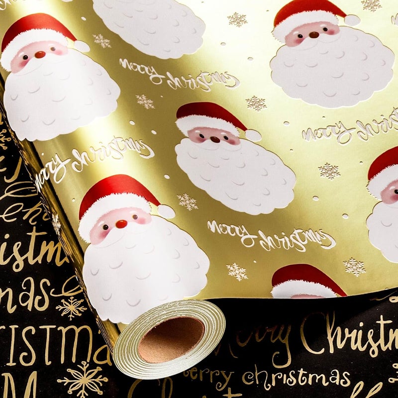 MAYPLUSS Gold Santa Claus Wrapping Paper Roll, 17IN X 33FT Christmas Gift Wrap Paper Featuring Reversible Merry Christmas for Holiday New Year Kids - Image 1